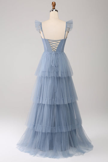 Dusty Blue A Line Tiered Tulle Corset Brudepigekjole med slids